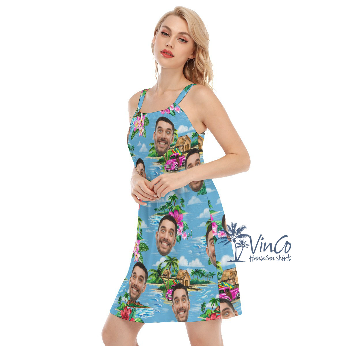 Vintage Beach Blue Custom Women's Hawaiian Dress With Face