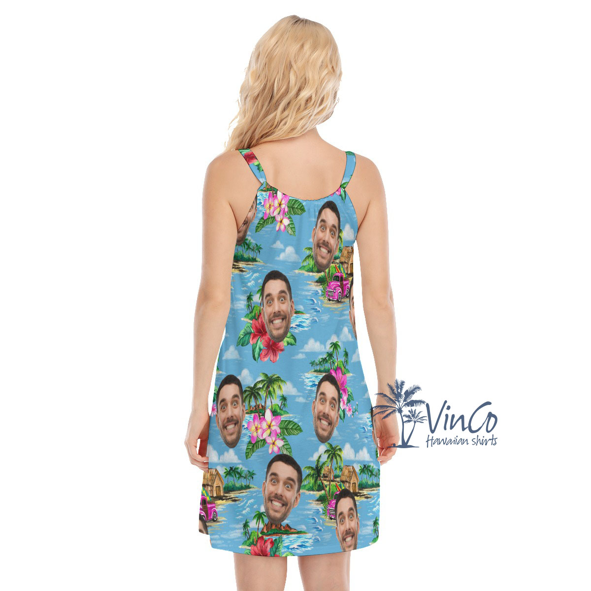 Vintage Beach Blue Custom Women's Hawaiian Dress With Face