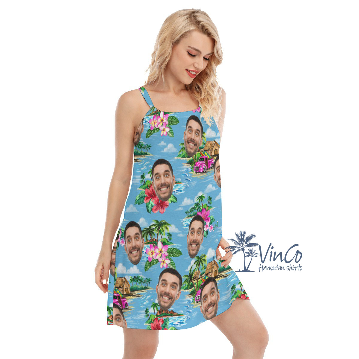 Vintage Beach Blue Custom Women's Hawaiian Dress With Face