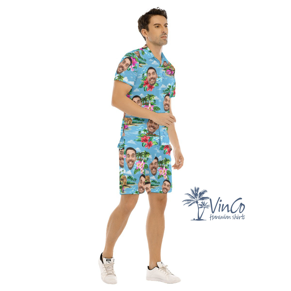 Vintage Beach Blue Custom Hawaiian Sets With Photo