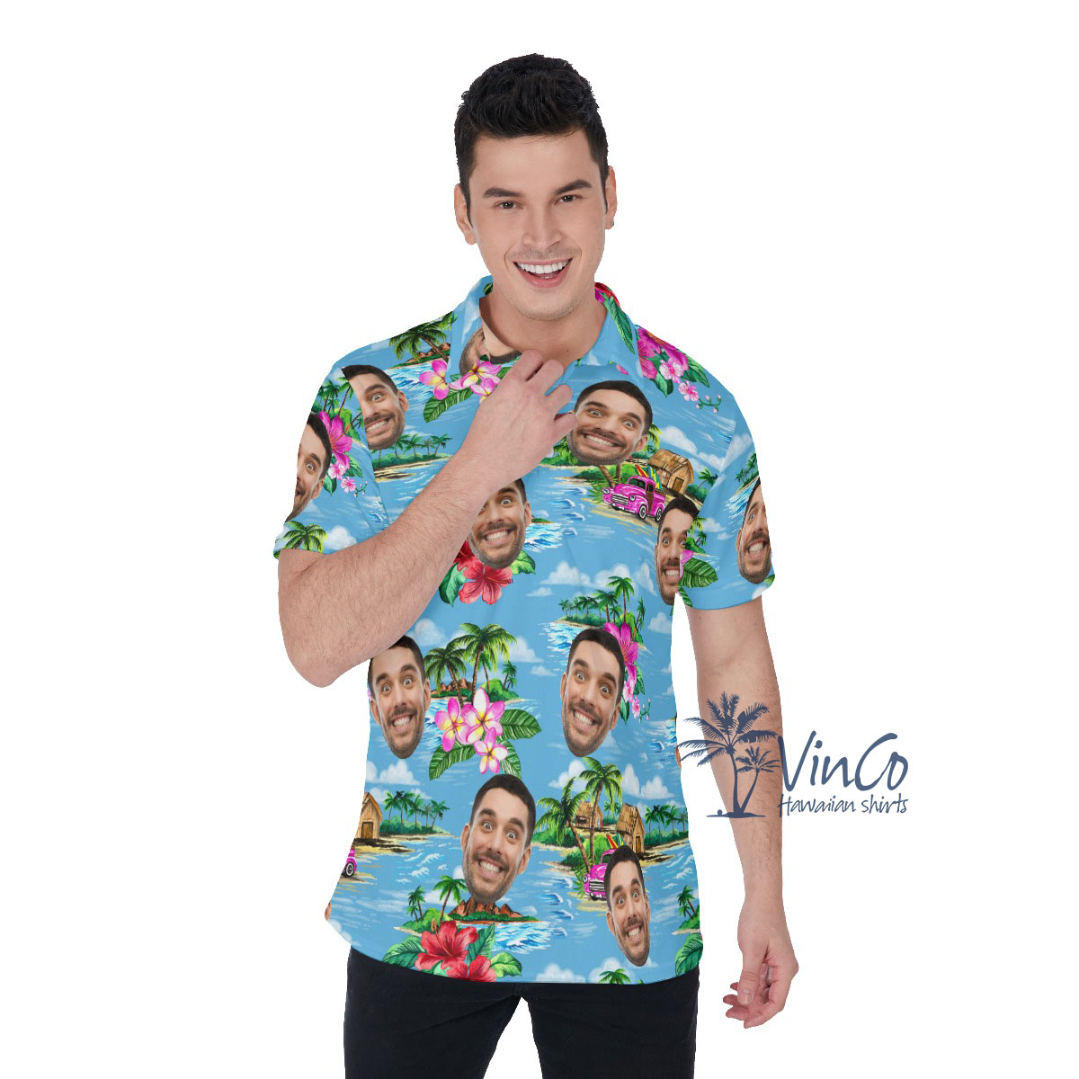 Vintage Beach Blue Custom Face Men's Polo Shirt - variant image 1