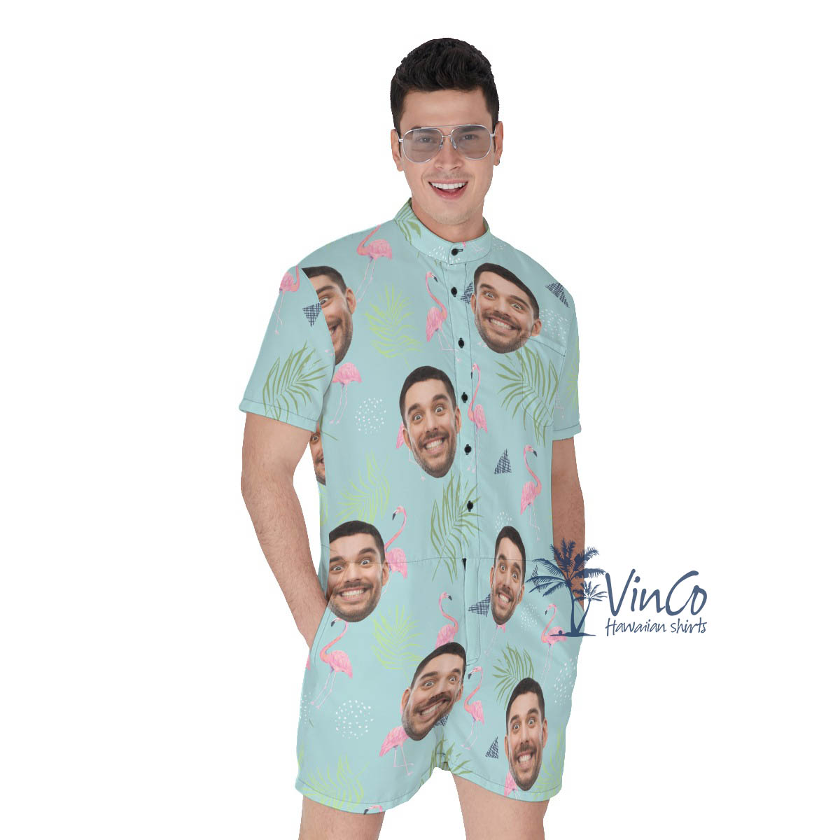 Custom Face Flamingo Hawaiian Romper For Men - variant image 1