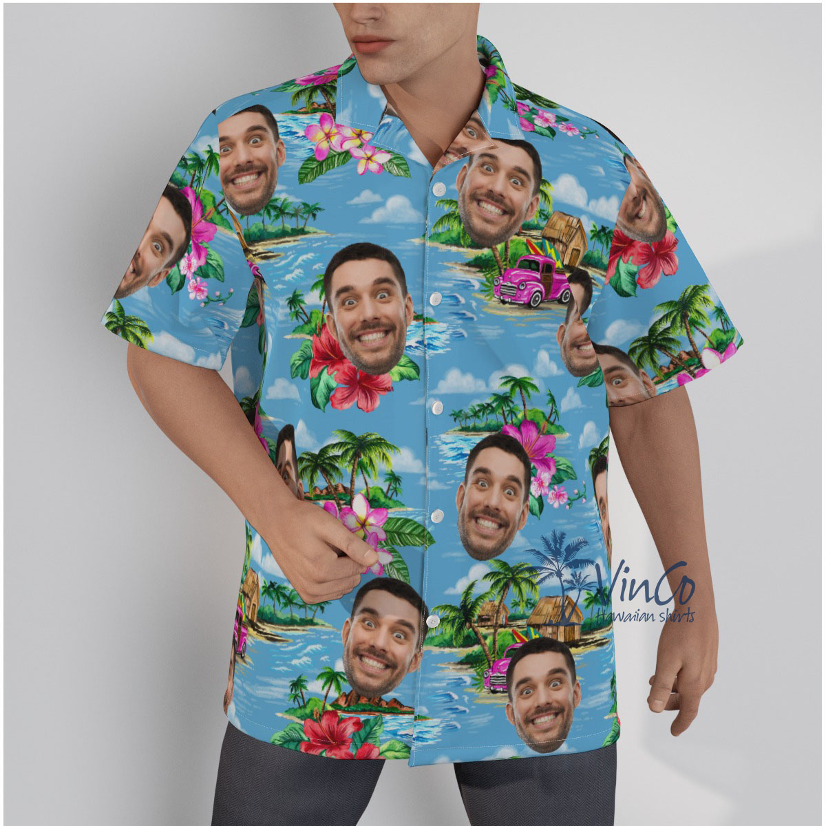 Vintage Beach Blue Custom Face Men's Hawaiian Shirt - variant image 1