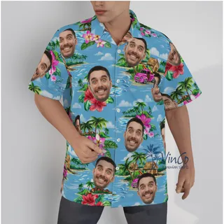 Vintage Beach Blue Custom Face Men's Hawaiian Shirt