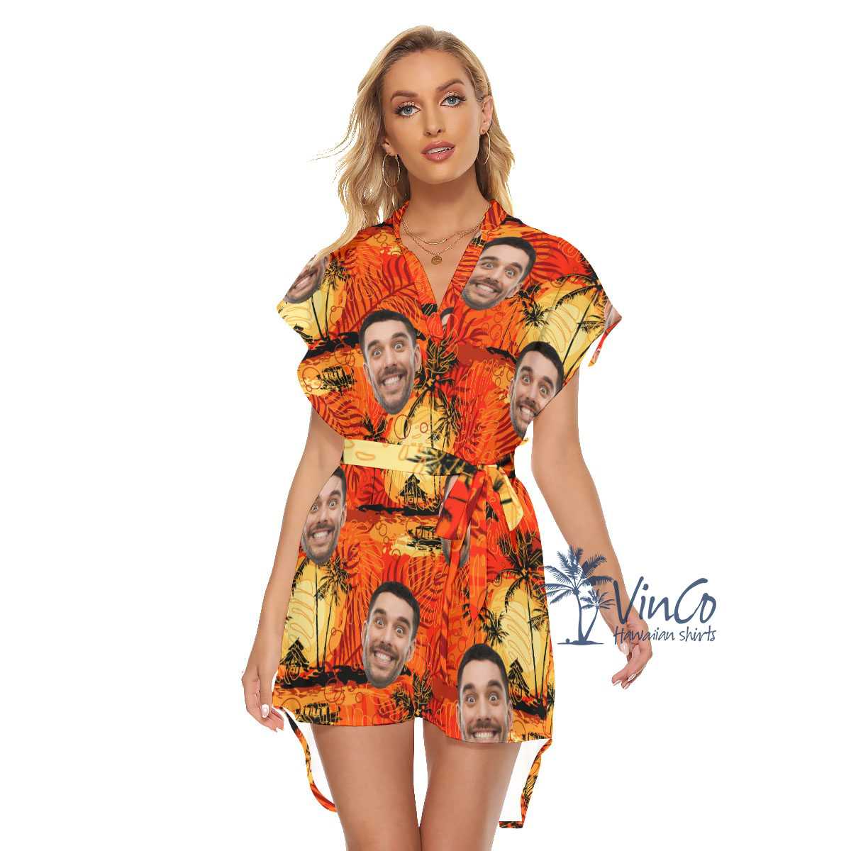 Vintage Orange Custom Hawaiian Belt Dress With Multiple Faces - variant image 1