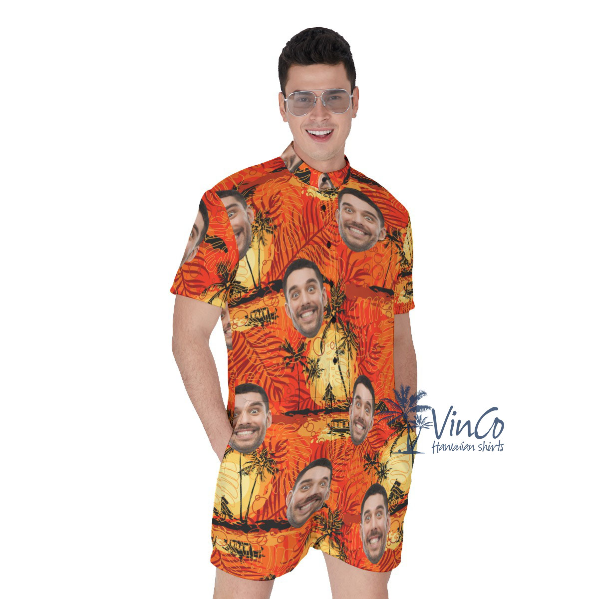 Vintage Orange Custom Hawaiian Romper With Multiple Faces - variant image 1