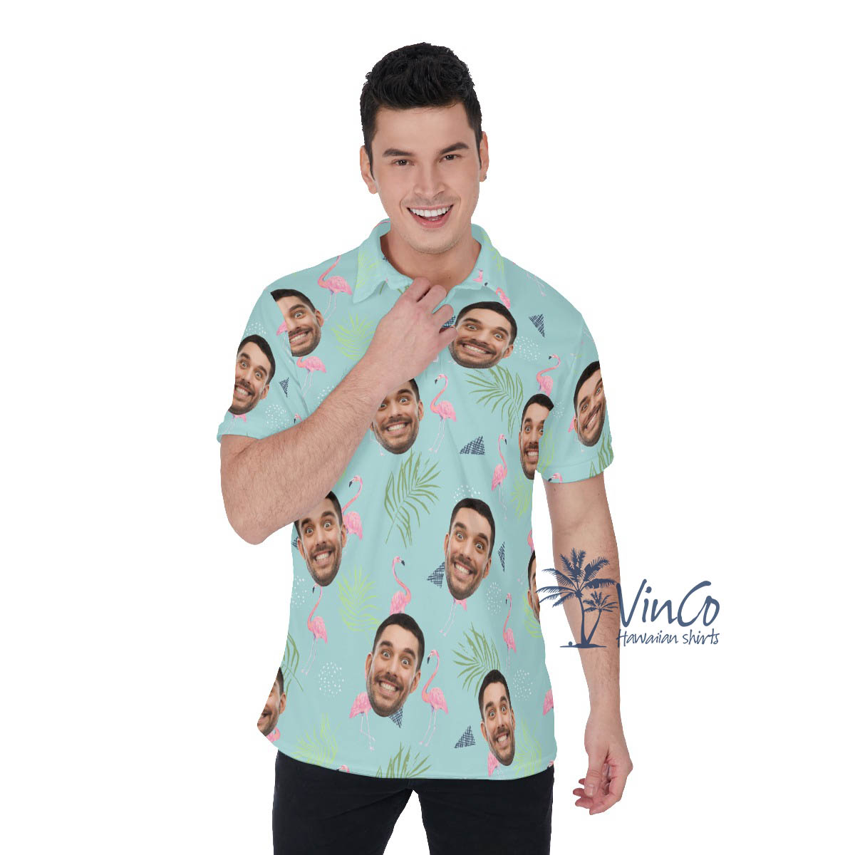 Personalized Flamingo Hawaiian Polo Shirt With Faces - variant image 1