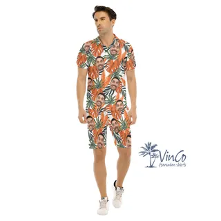 Tropical Leaf Custom Face Hawaiian Shirt And Shorts Set
