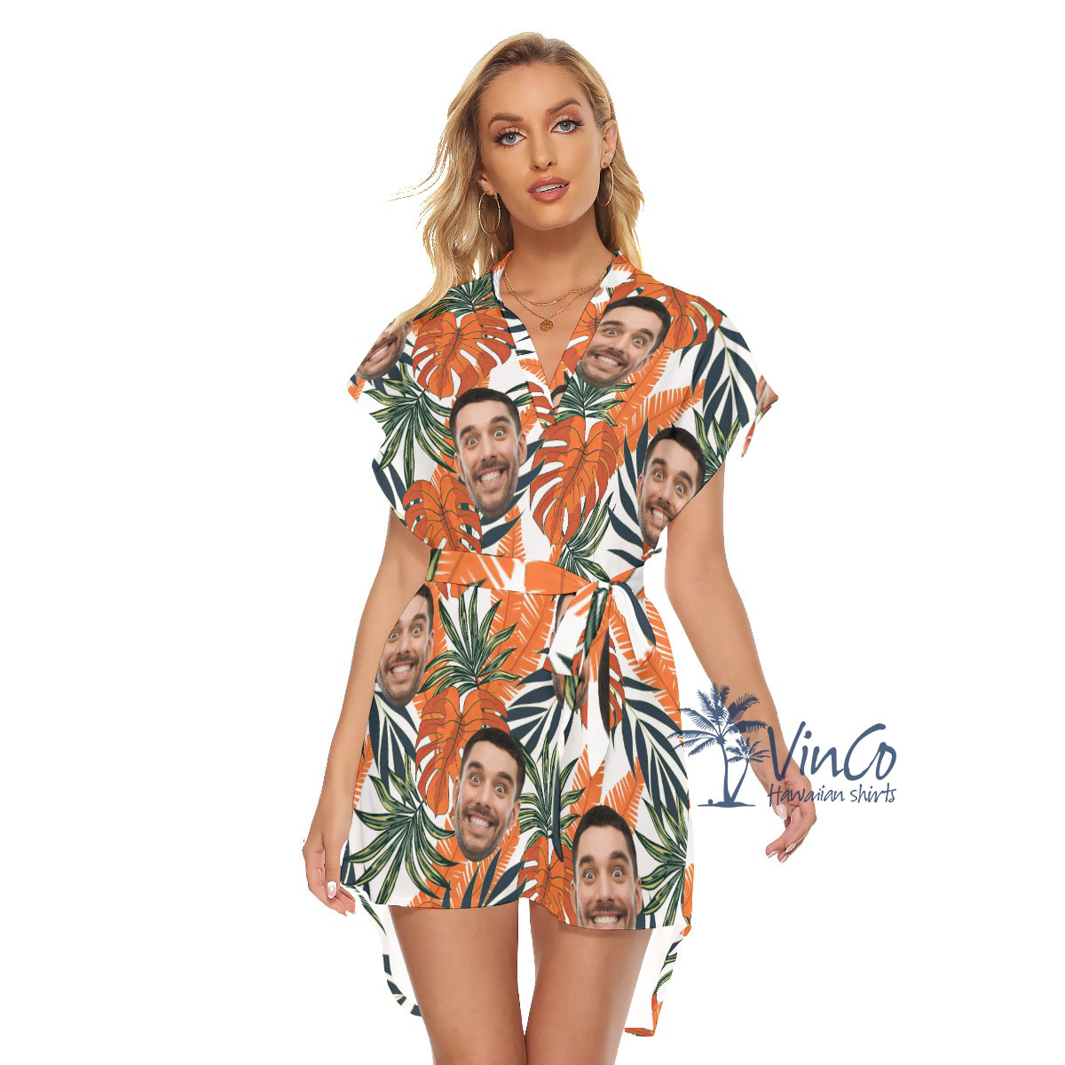 Tropical Leaf Custom Hawaiian Belted Dress With Multiple Faces - variant image 1