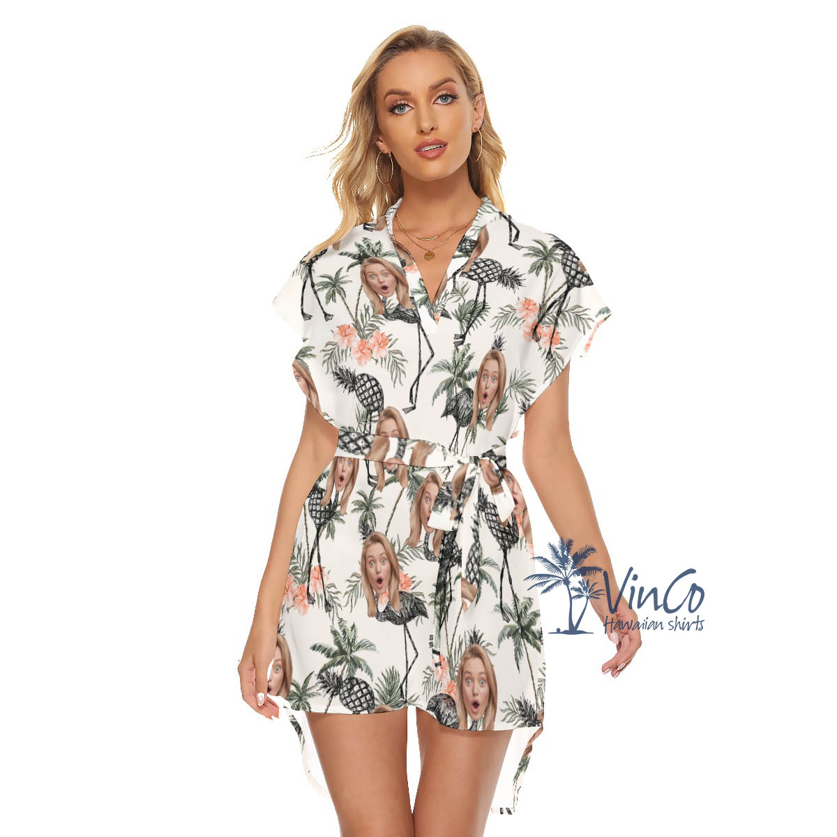 Tropical Pineapple Flamingo Custom Face Hawaiian Dresses For Women - variant image 1