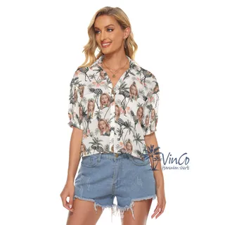 Tropical Pineapple Flamingo Custom Face Hawaiain Crop Top Shirt For Women