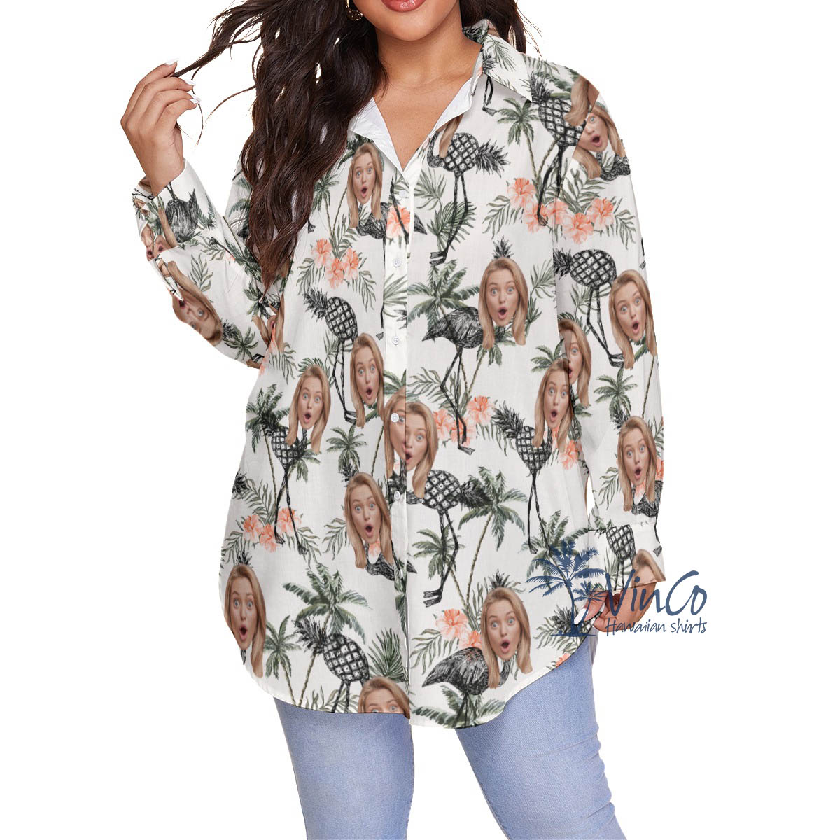 Funny Custom Face Pineapple Flamingo Tropical Hawaiian Plus Size Shirt - variant image 1