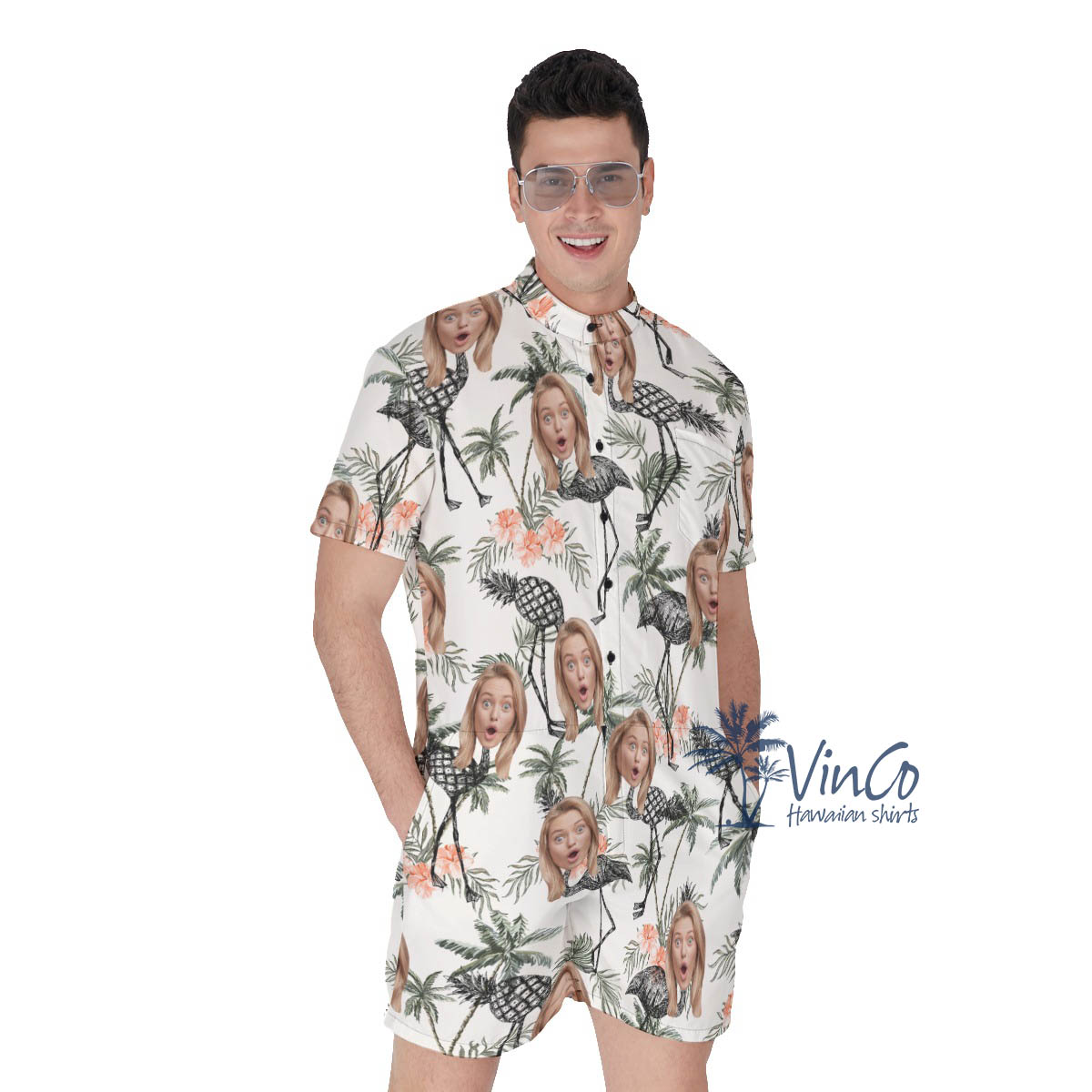 Funny Tropical Flamingo Pineapple Custom Face Men's Hawaiian Romper - variant image 1