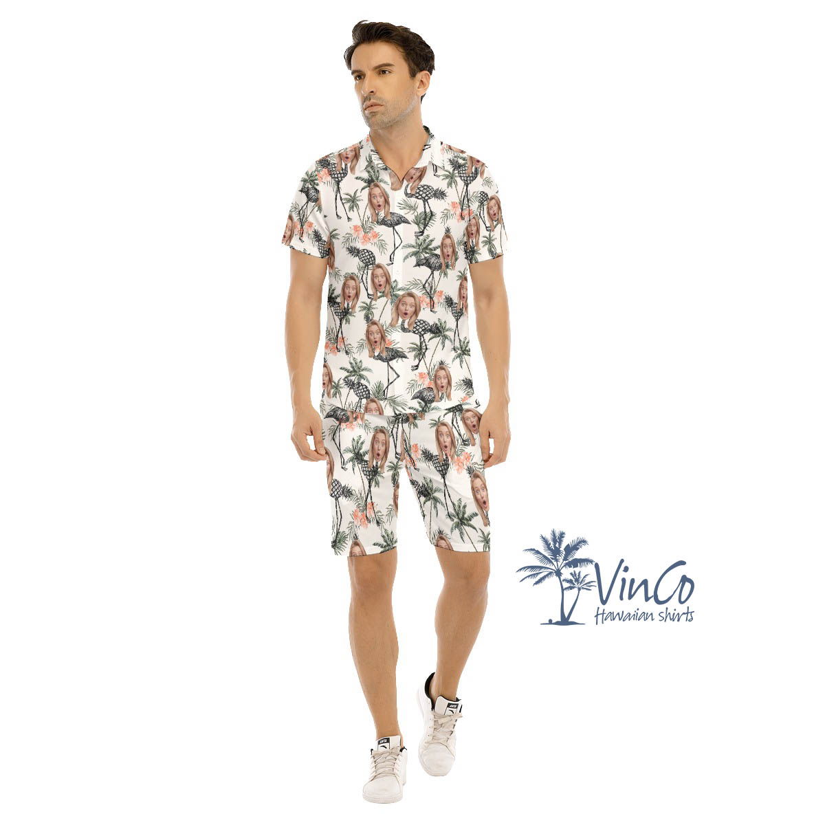 Custom Set Flamingo Pineapple Hawaiian Shirt And Matching Shorts With Face - variant image 1