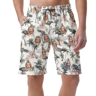 Custom Flamingo Pineapple Hawaiian Beach Shorts With Face