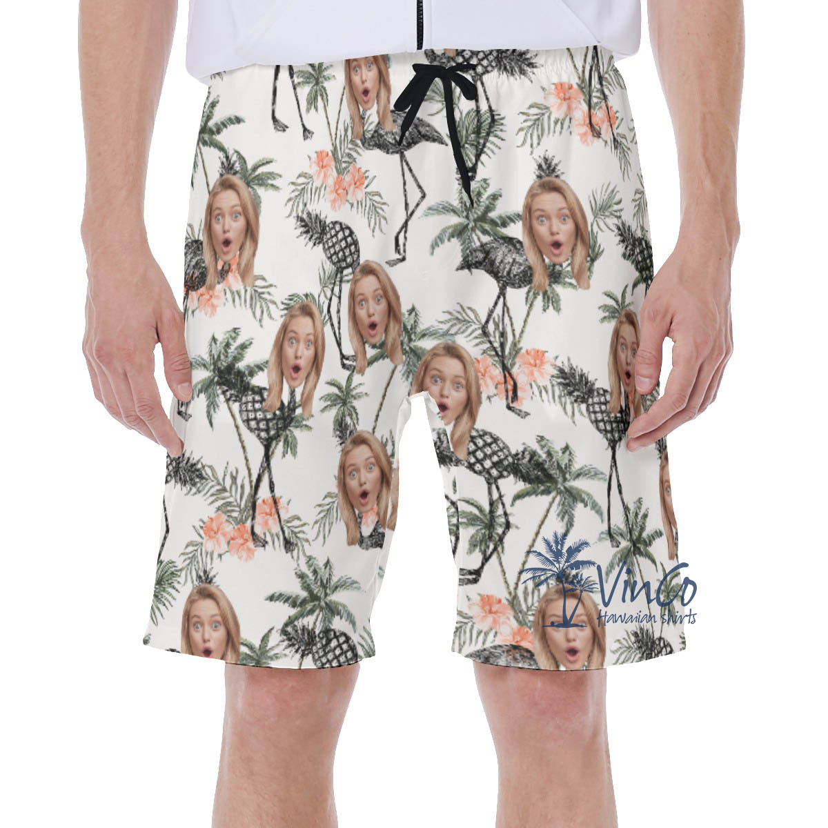 Funny Custom Face Palm Tree With Pineapple Flamingo Hawaiian Swim Trunks - variant image 1