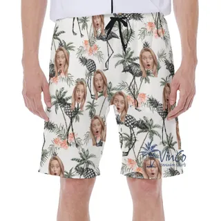 Funny Custom Face Palm Tree With Pineapple Flamingo Hawaiian Swim Trunks