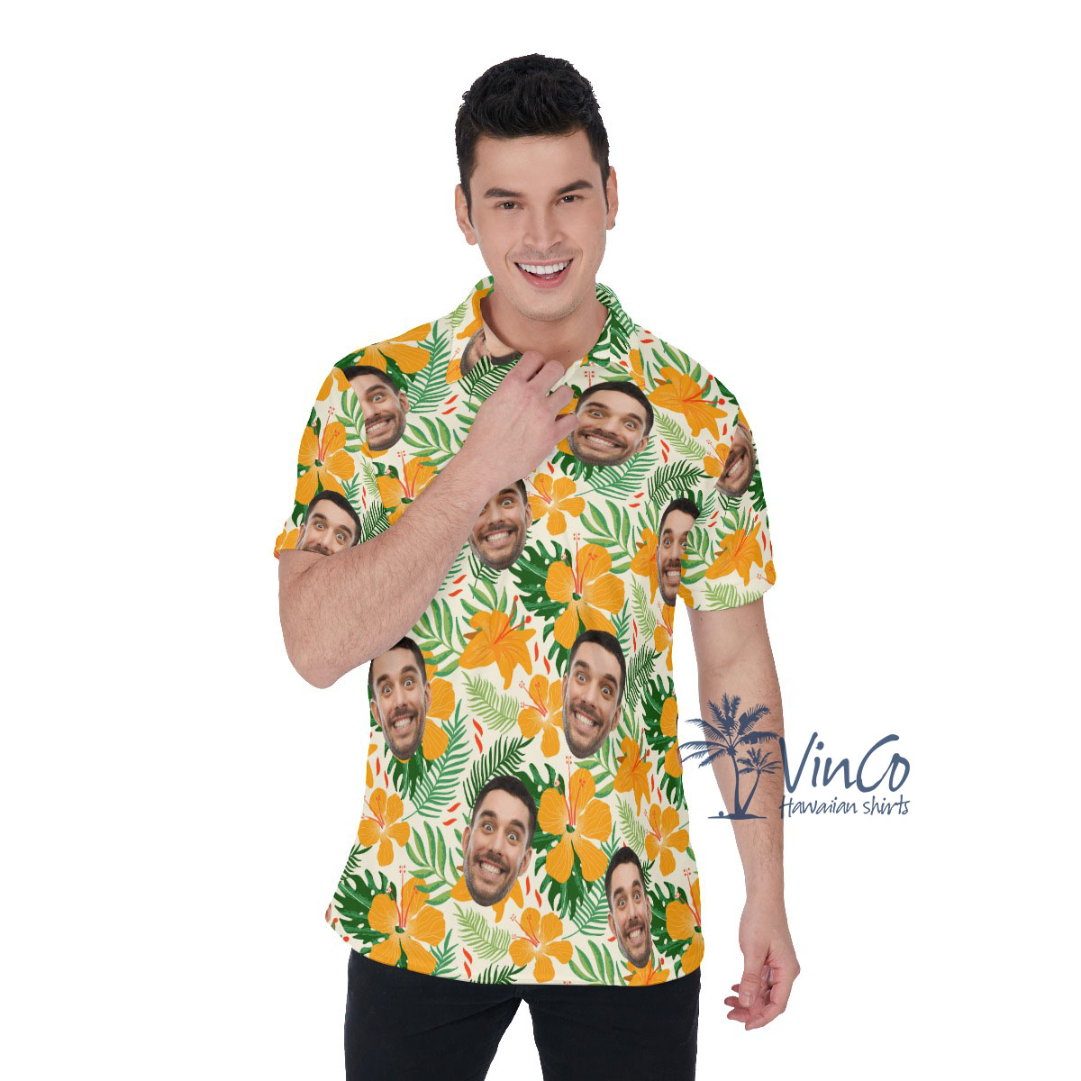 Hibiscus Floral Personalized Hawaiian Polos With Face - variant image 1