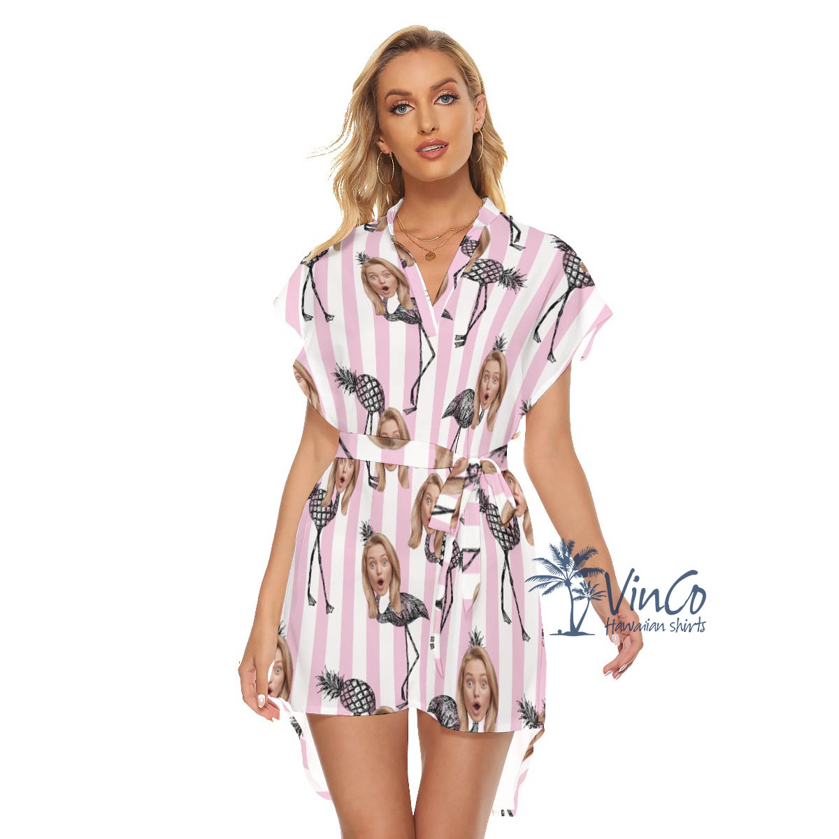 Funny Pineapple Flamingo Custom Face Summer Hawaiian Dresses With Belt - variant image 1