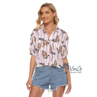 Custom Flamingo Pineapple Pink Hawaiian Cropped Shirts With Face