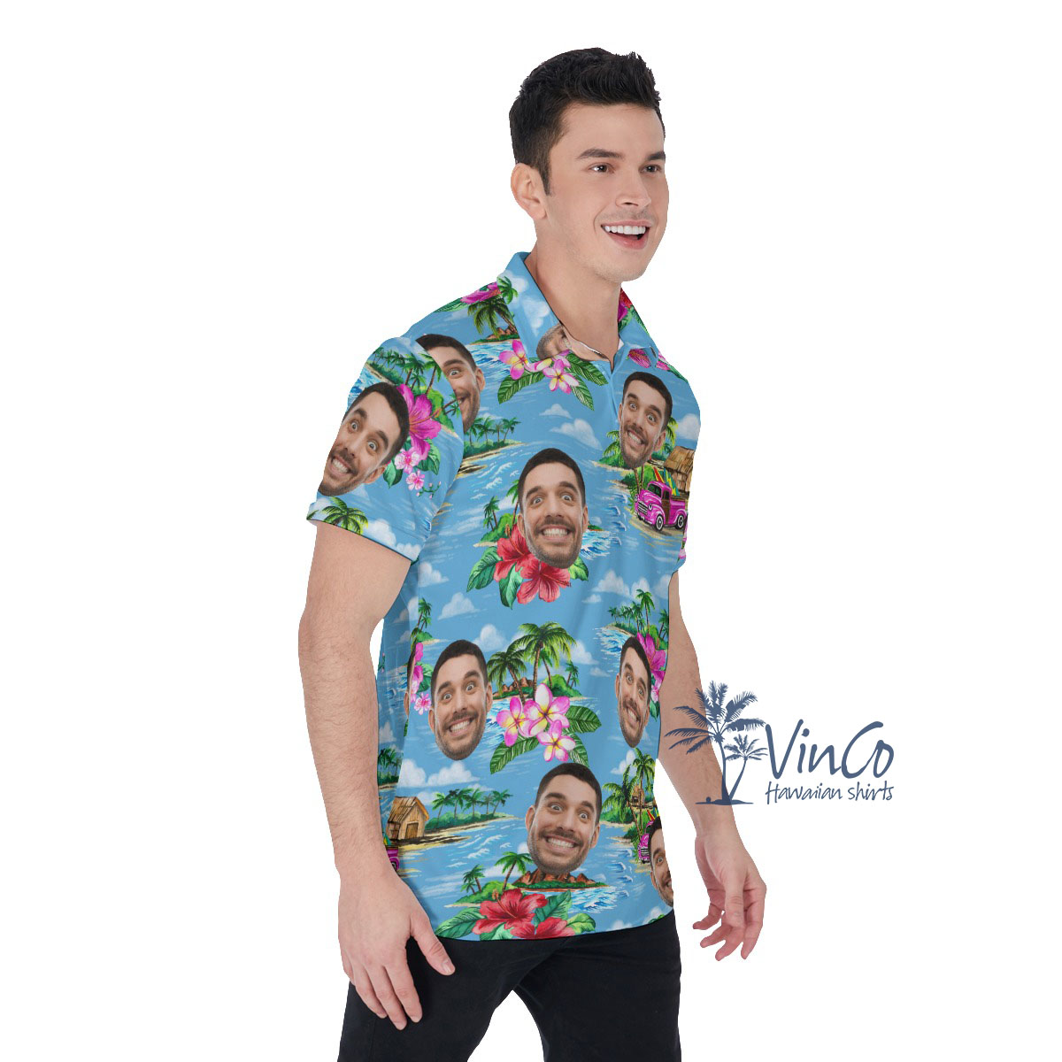 Vintage Beach Blue Custom Face Men's Polo Shirt