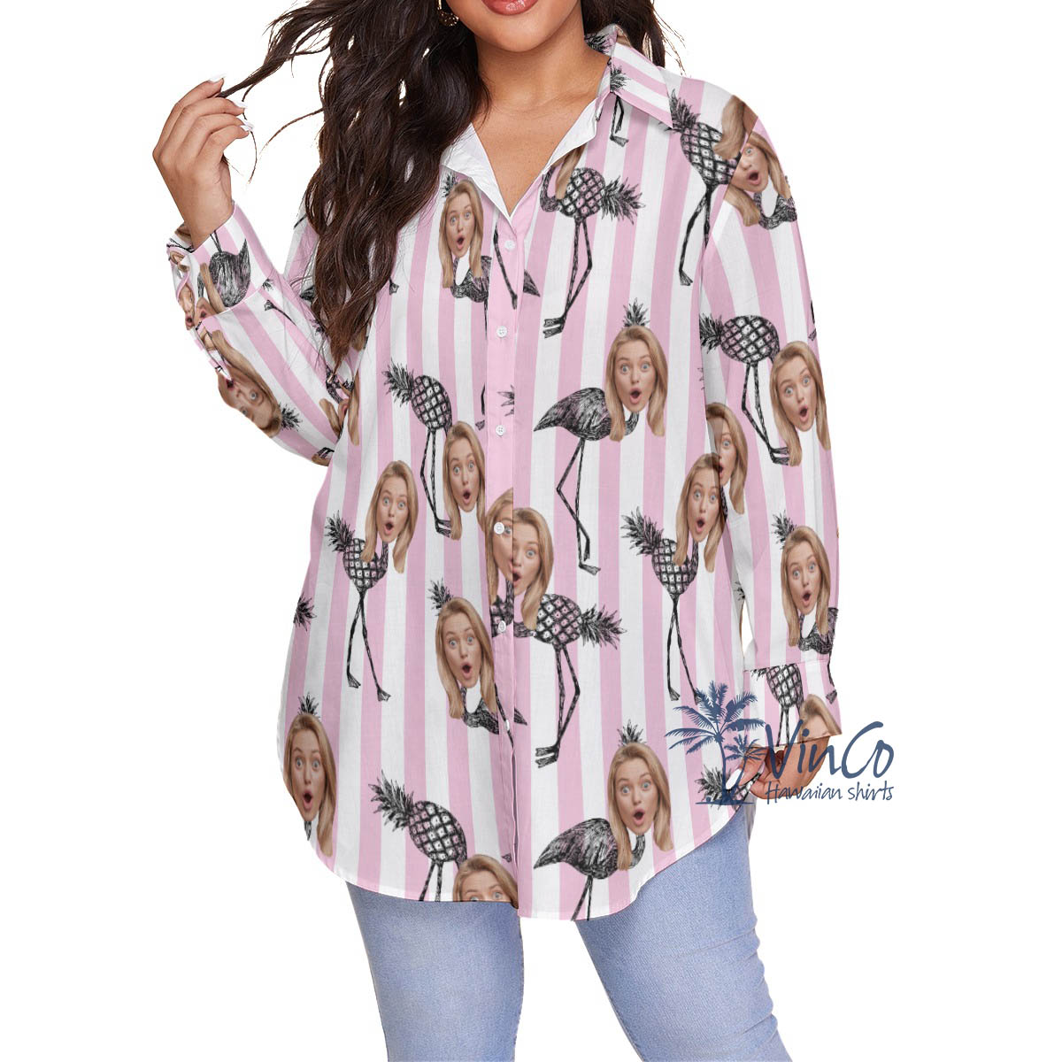 Funny Pineapple Flamingo Custom Face Pink Hawaiian Plus Size Shirt For Women - variant image 1