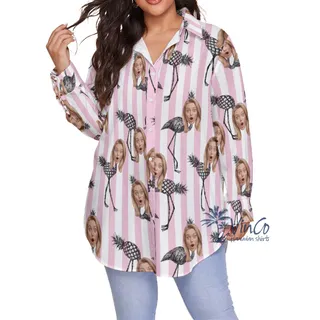 Funny Pineapple Flamingo Custom Face Pink Hawaiian Plus Size Shirt For Women