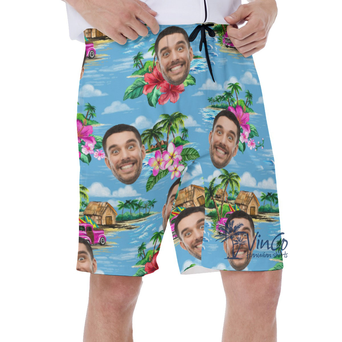 Vintage Beach Blue Personalized Men's Swim Trunks With Face