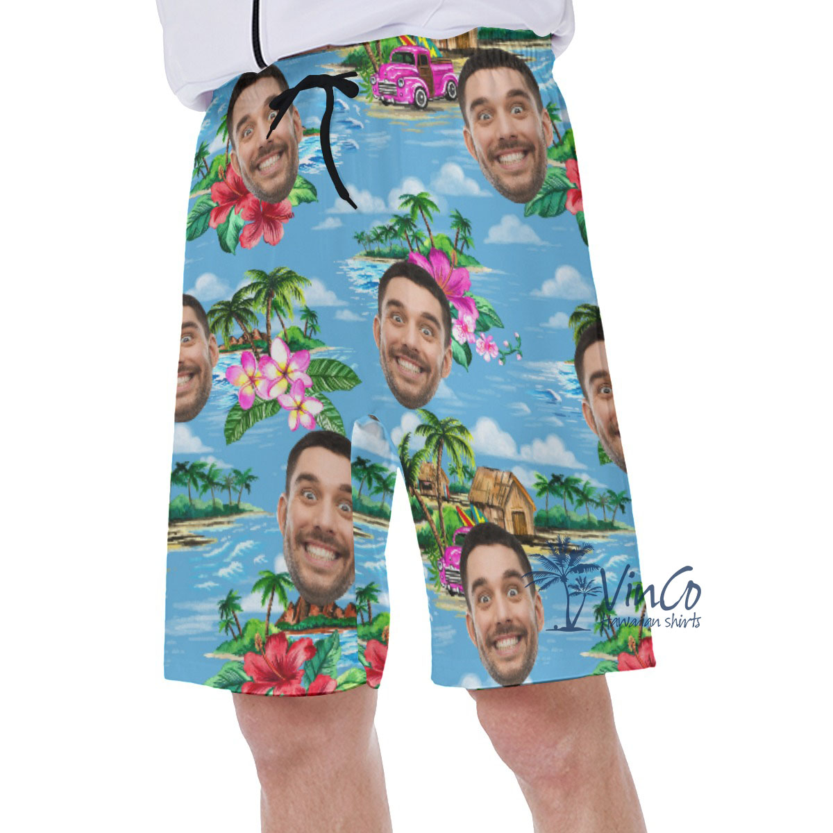 Vintage Beach Blue Personalized Men's Swim Trunks With Face