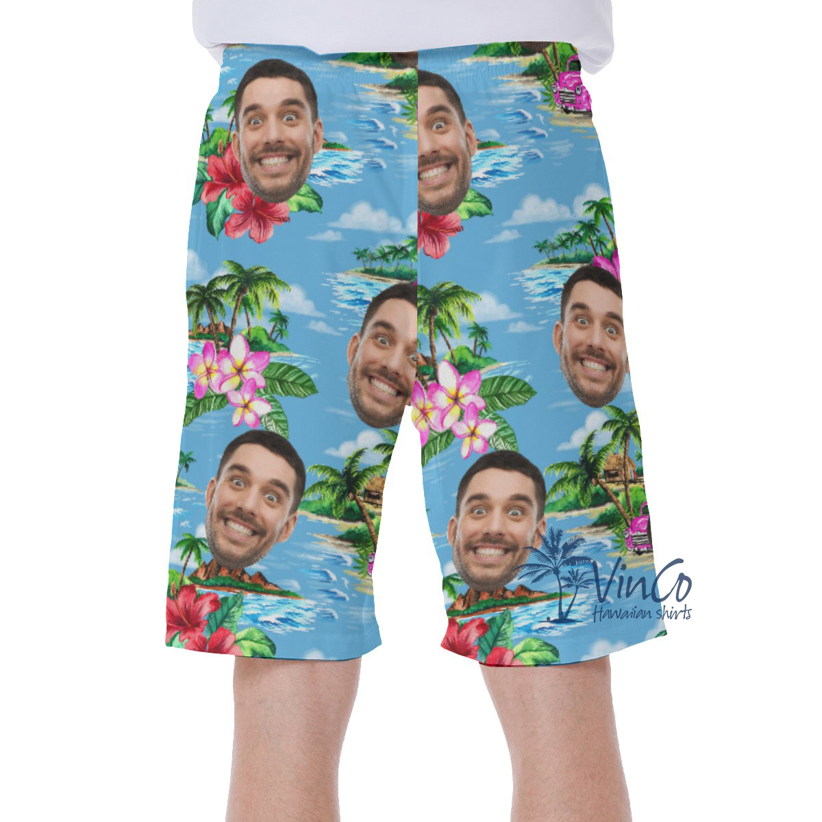 Vintage Beach Blue Personalized Men's Swim Trunks With Face