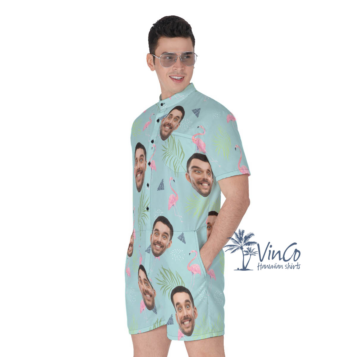 Custom Face Flamingo Hawaiian Romper For Men