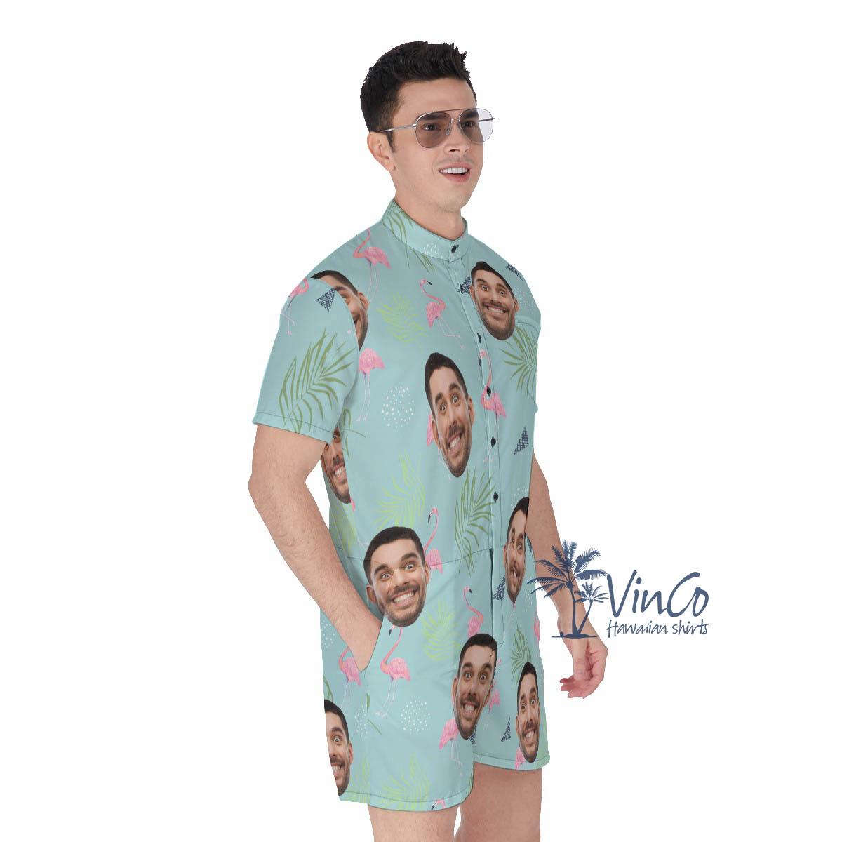 Custom Face Flamingo Hawaiian Romper For Men