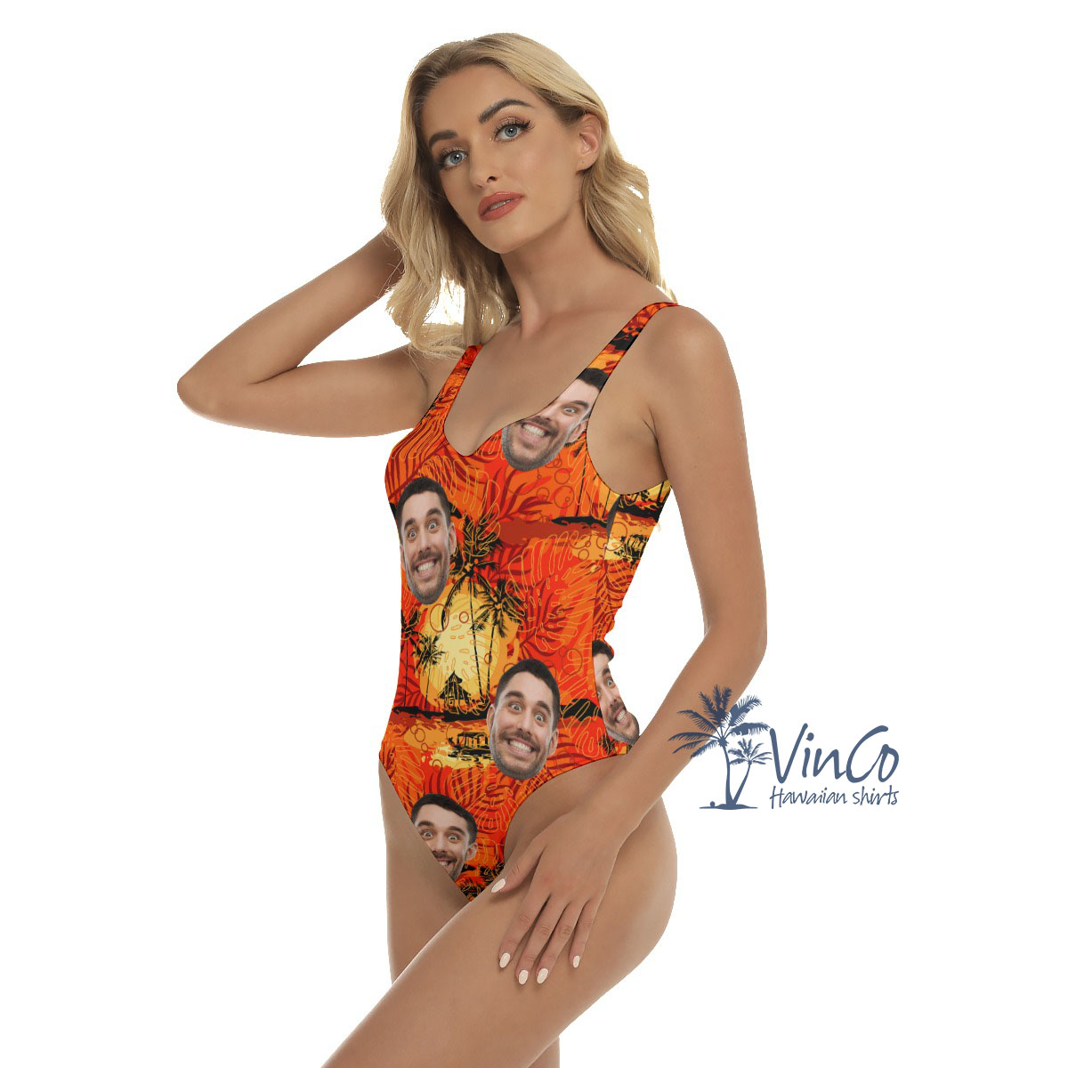 Vintage Orange Custom Hawaiian Swimsuit With Face