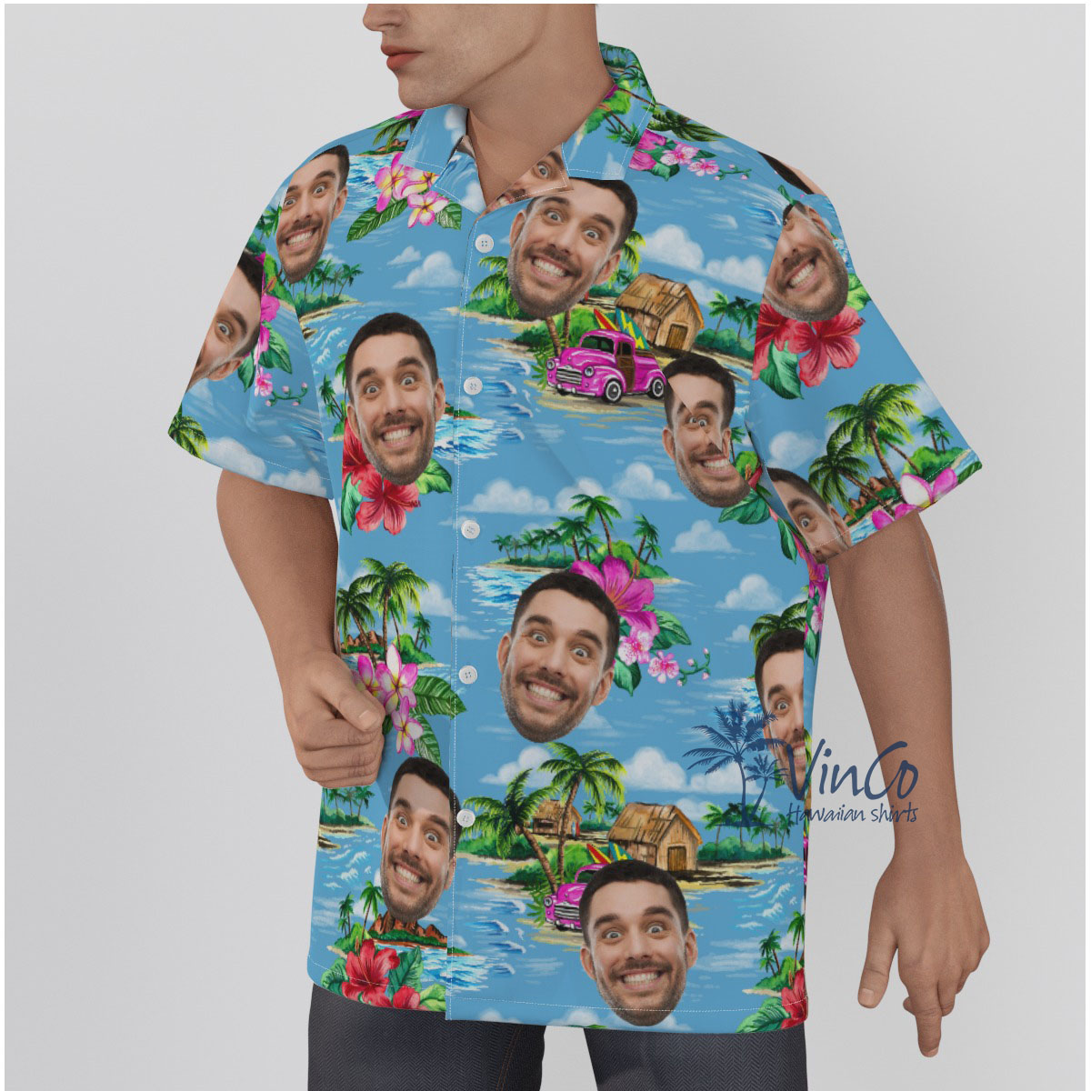 Vintage Beach Blue Custom Face Men's Hawaiian Shirt
