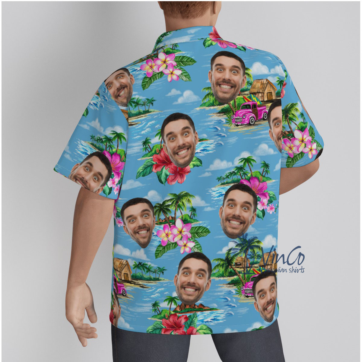 Vintage Beach Blue Custom Face Men's Hawaiian Shirt
