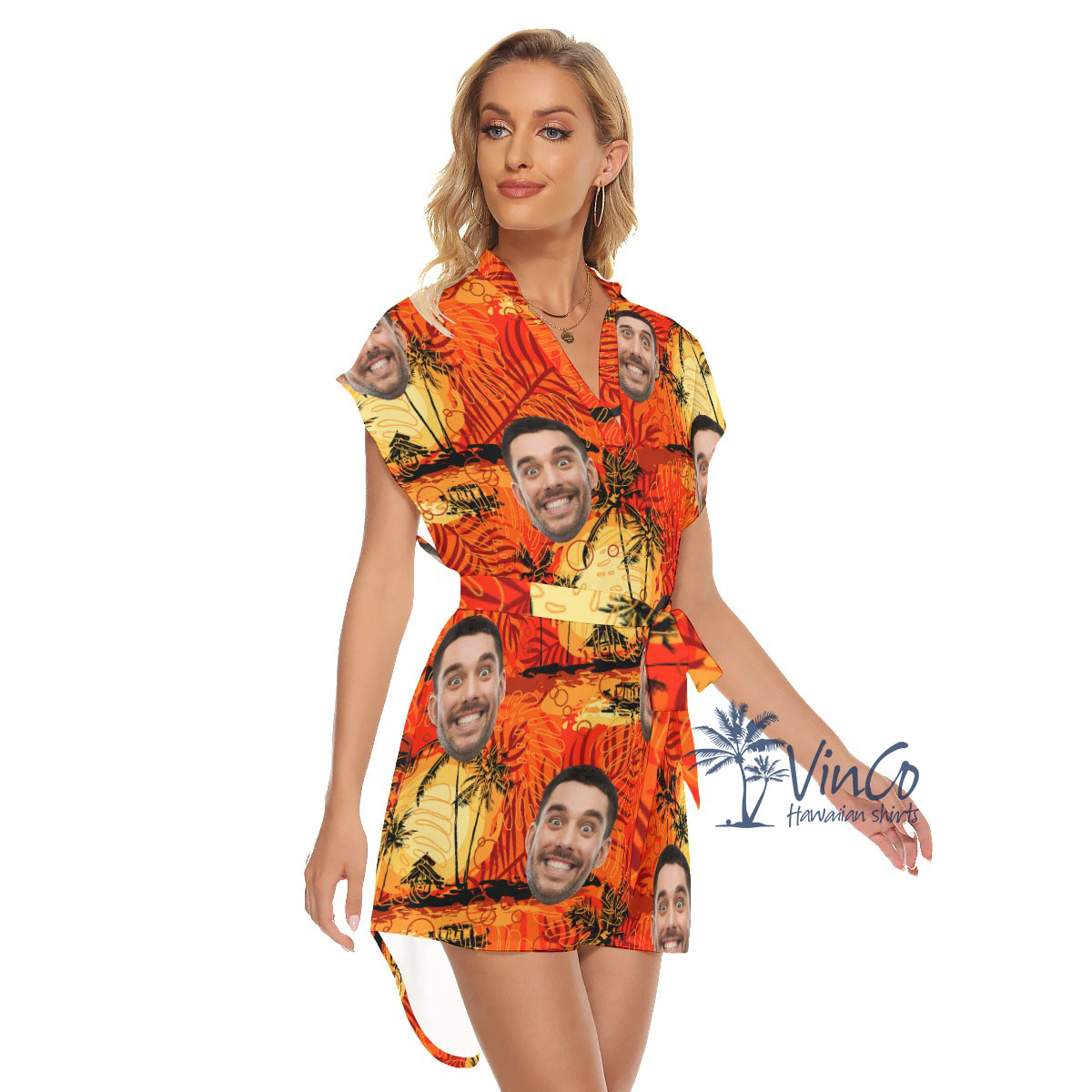 Vintage Orange Custom Hawaiian Belt Dress With Multiple Faces