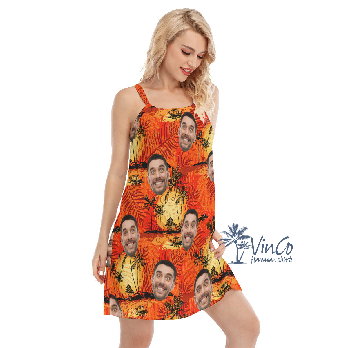 Vintage Orange Custom Hawaiian Cami Dress With Multiple Faces