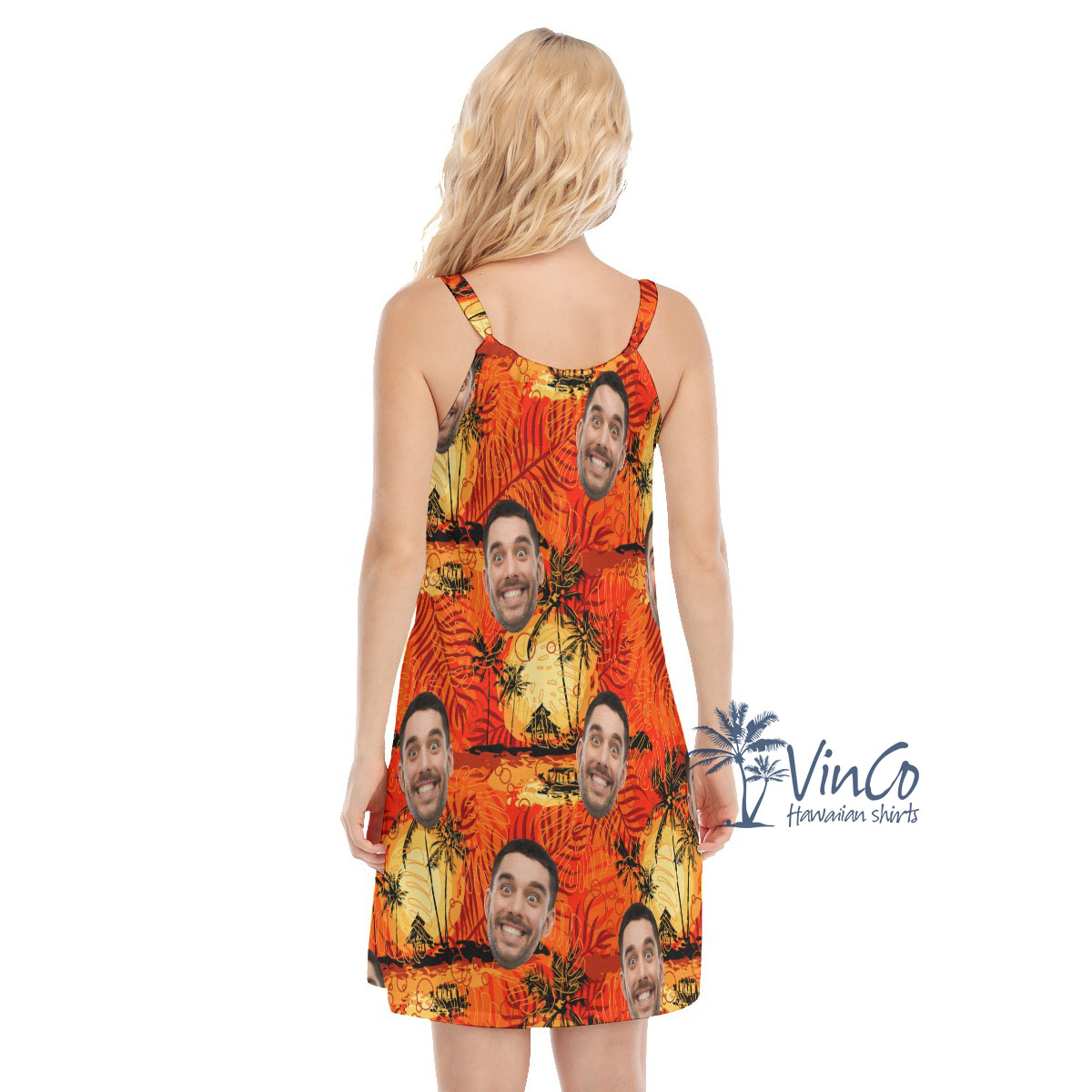 Vintage Orange Custom Hawaiian Cami Dress With Multiple Faces