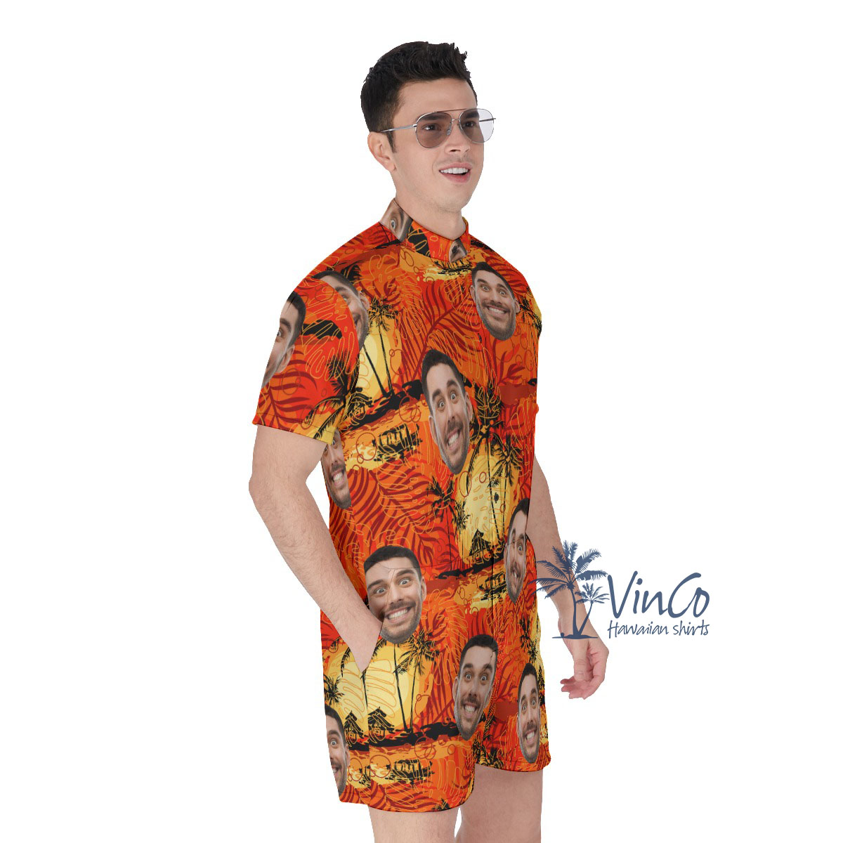Vintage Orange Custom Hawaiian Romper With Multiple Faces