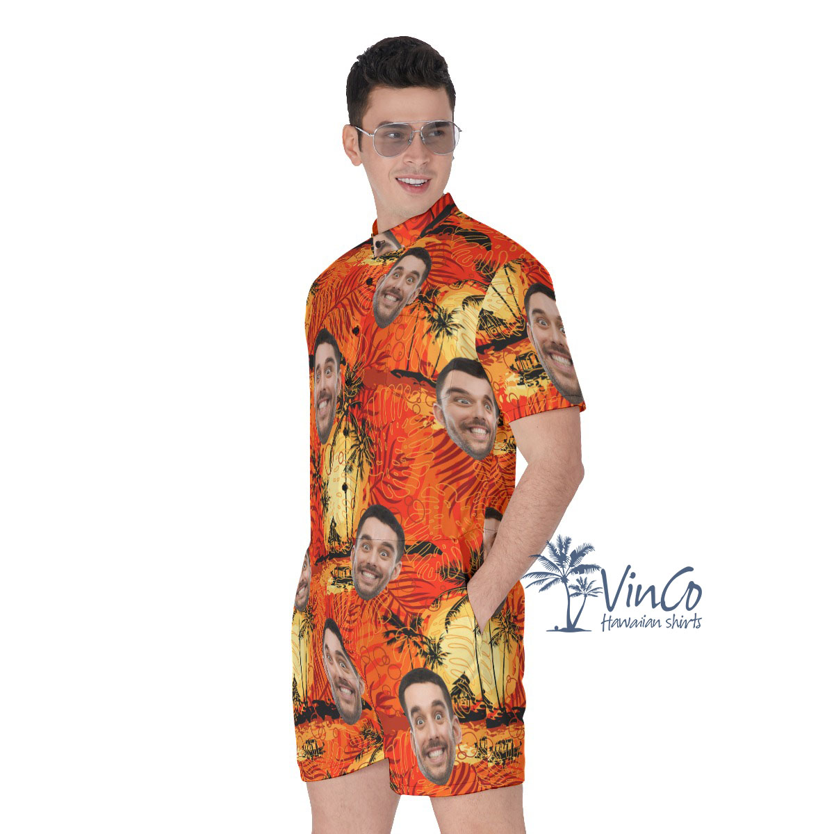 Vintage Orange Custom Hawaiian Romper With Multiple Faces