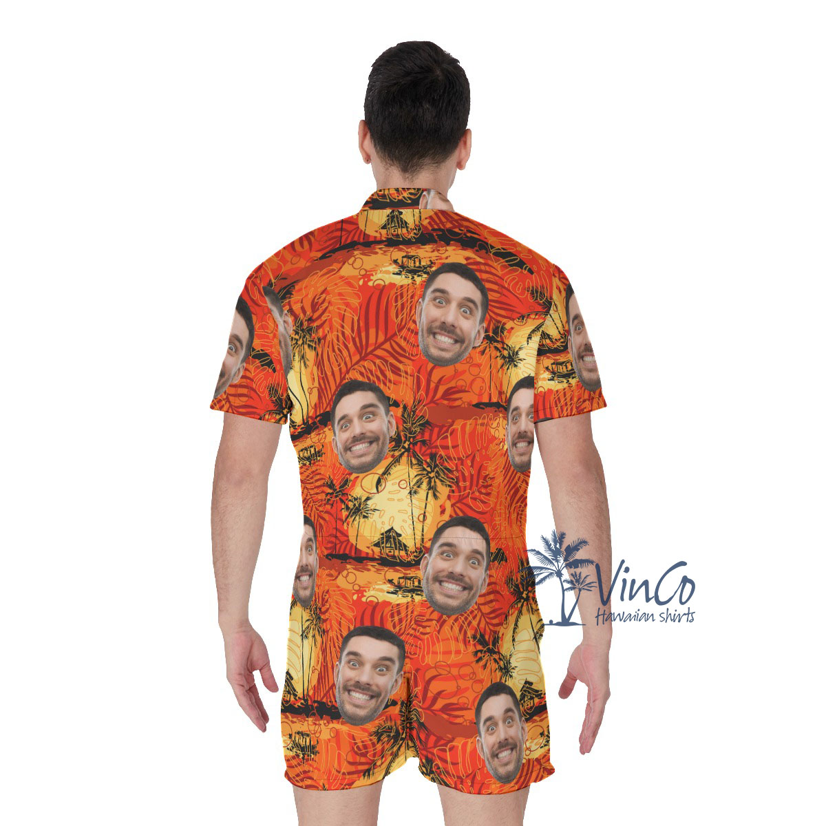 Vintage Orange Custom Hawaiian Romper With Multiple Faces