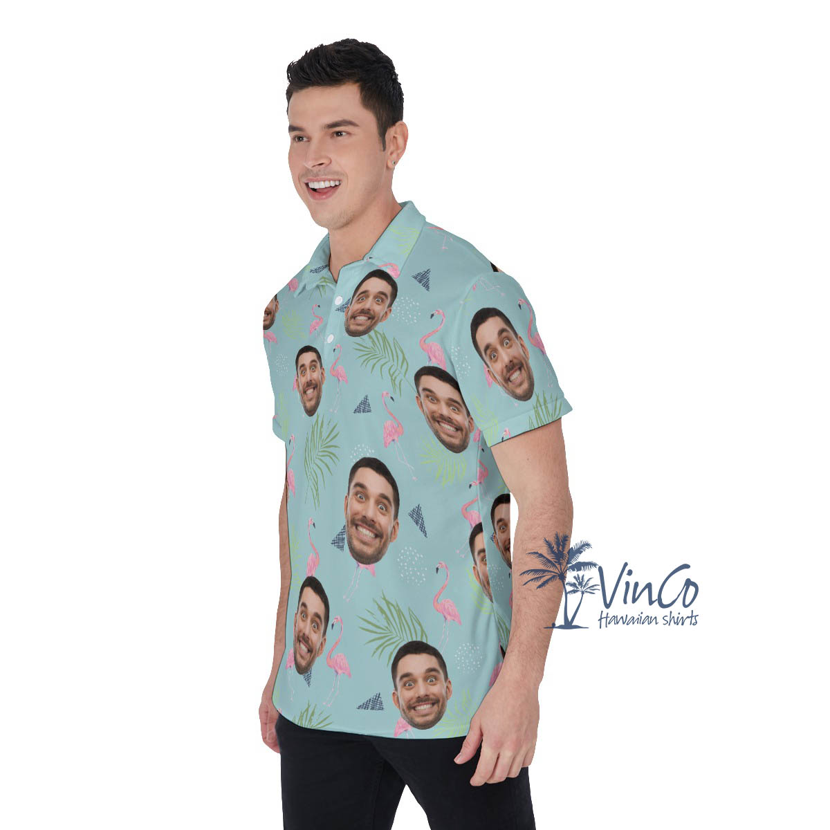 Personalized Flamingo Hawaiian Polo Shirt With Faces