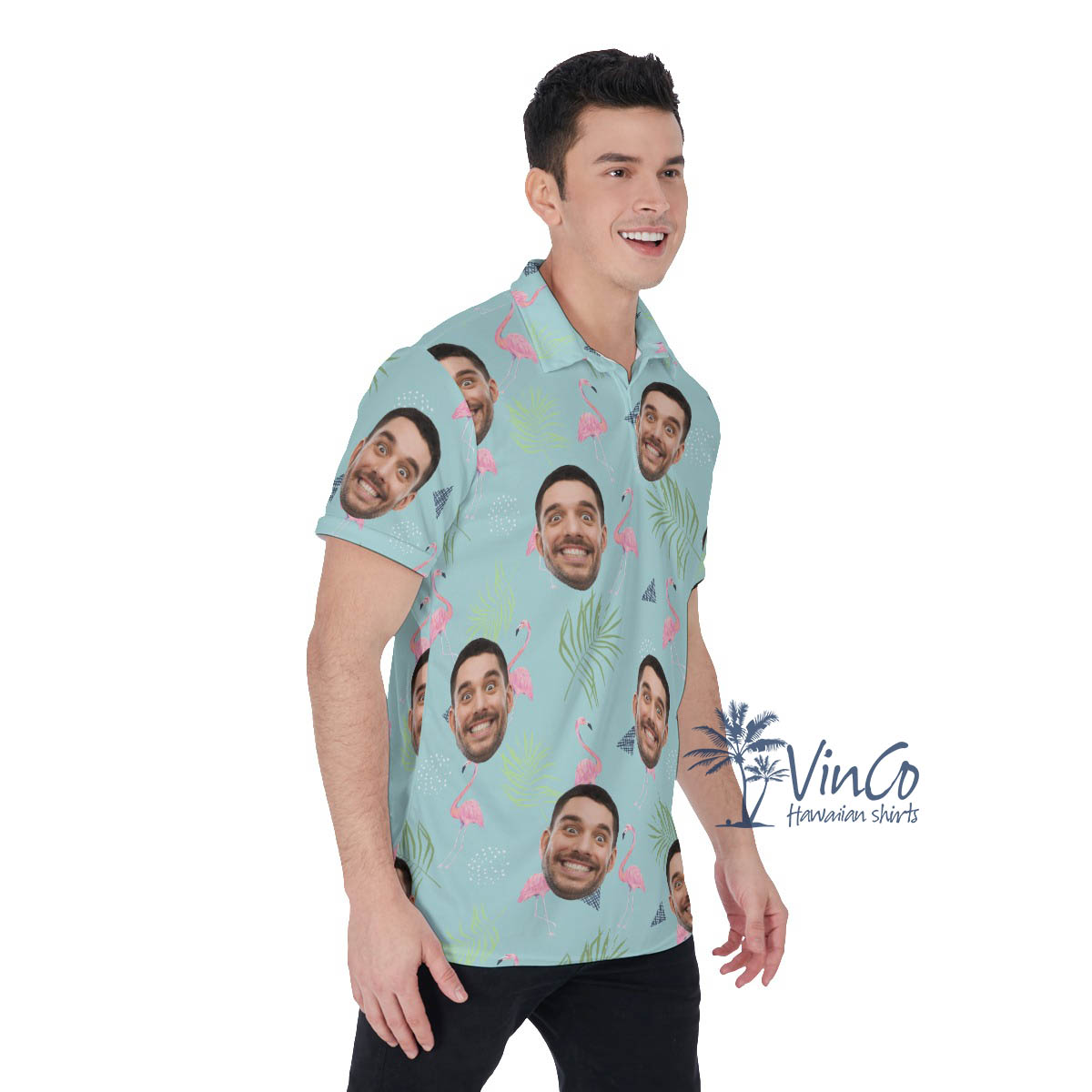 Personalized Flamingo Hawaiian Polo Shirt With Faces
