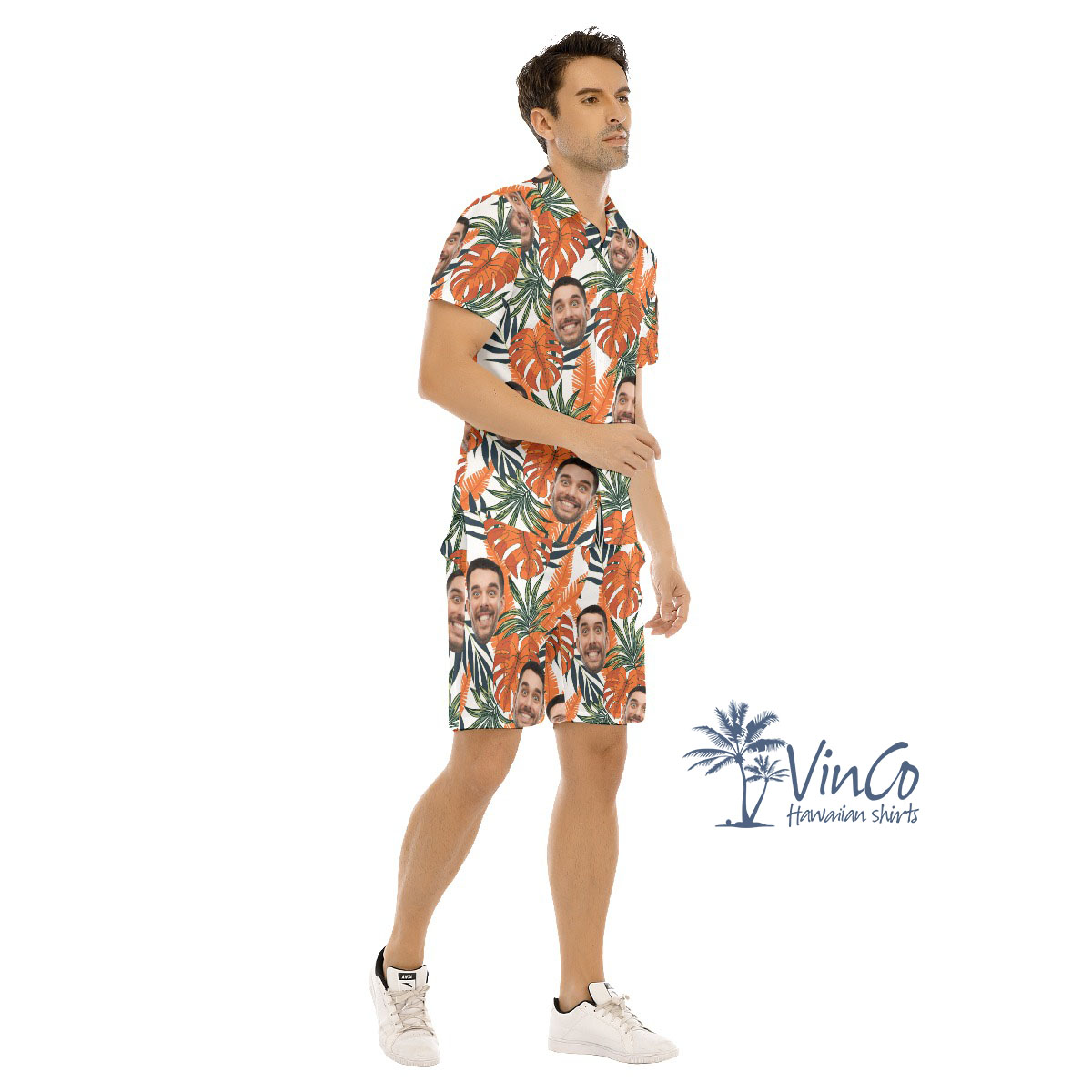 Tropical Leaf Custom Face Hawaiian Shirt And Shorts Set