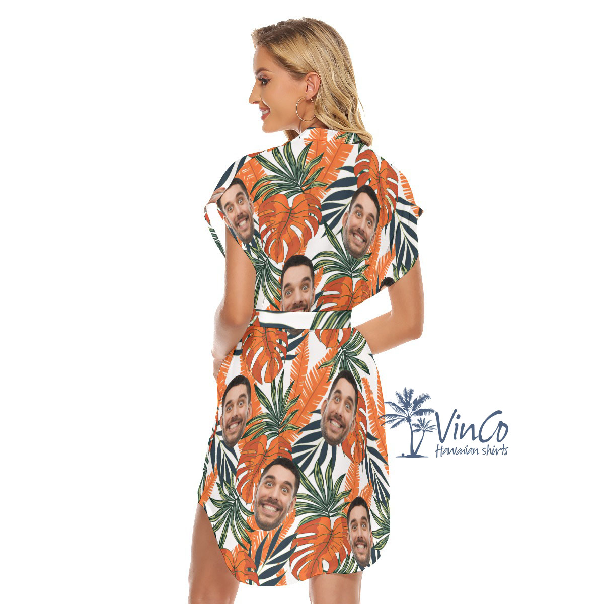 Tropical Leaf Custom Hawaiian Belted Dress With Multiple Faces