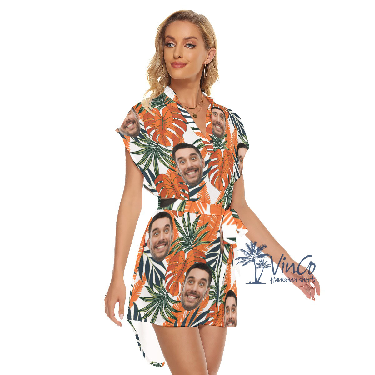 Tropical Leaf Custom Hawaiian Belted Dress With Multiple Faces