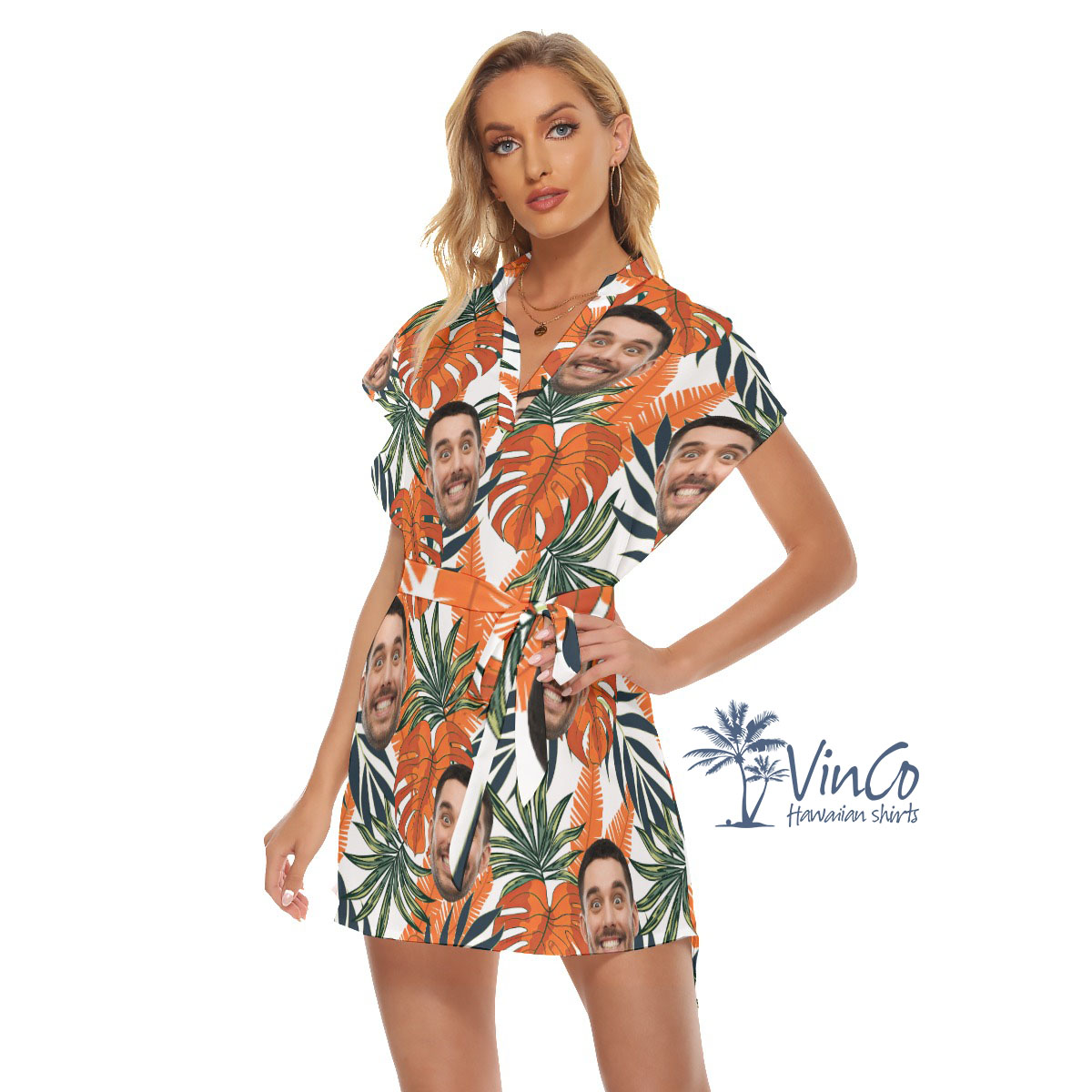 Tropical Leaf Custom Hawaiian Belted Dress With Multiple Faces