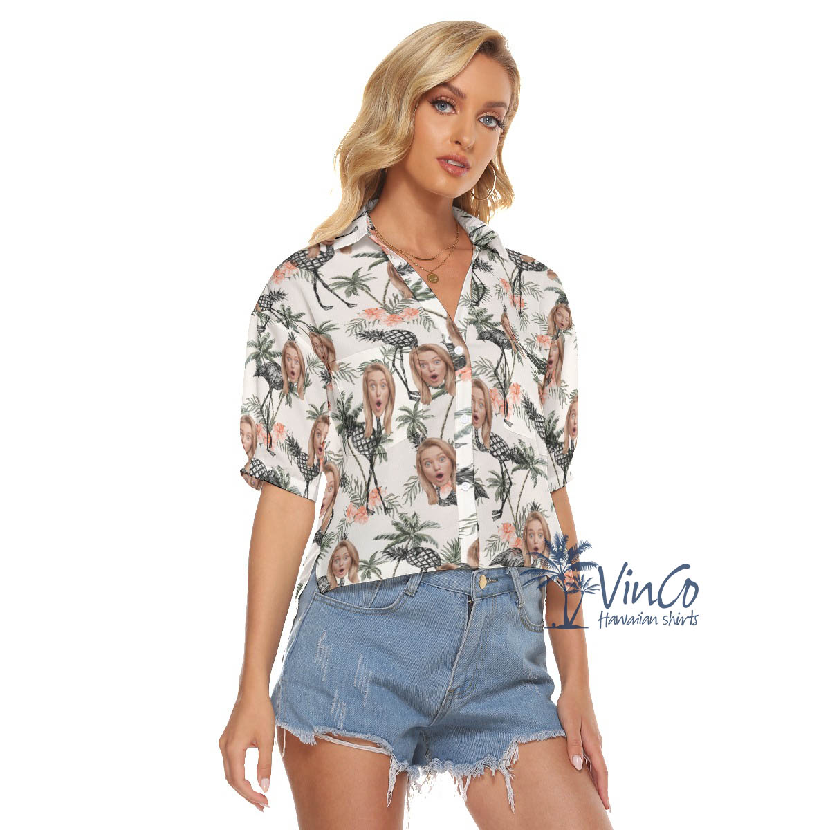 Tropical Pineapple Flamingo Custom Face Hawaiain Crop Top Shirt For Women