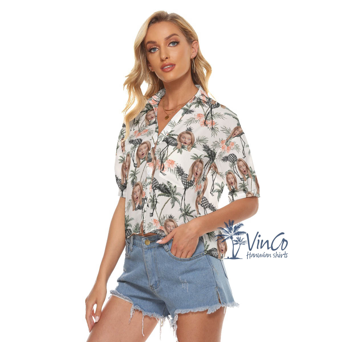 Tropical Pineapple Flamingo Custom Face Hawaiain Crop Top Shirt For Women