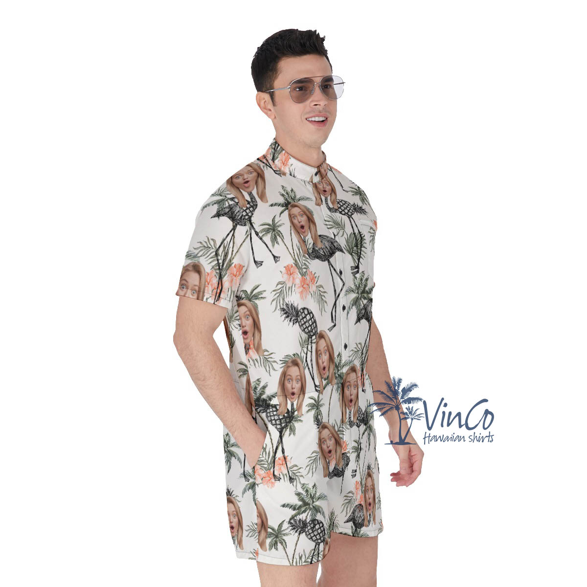 Funny Tropical Flamingo Pineapple Custom Face Men's Hawaiian Romper